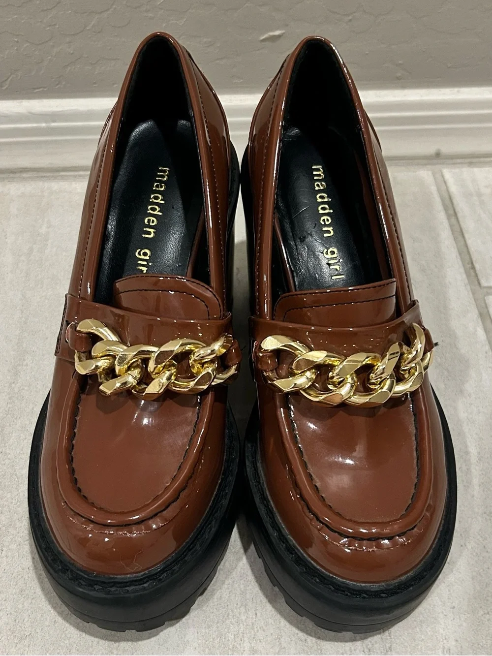 Madden Girl Brown Patent Platform Loafers with Gold Chain